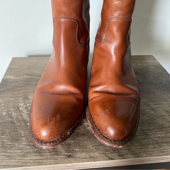 Frye Embroidered Logo Brown Equestrian Tall Riding Boots Back Zipper Size 8 - Picture 5 of 9